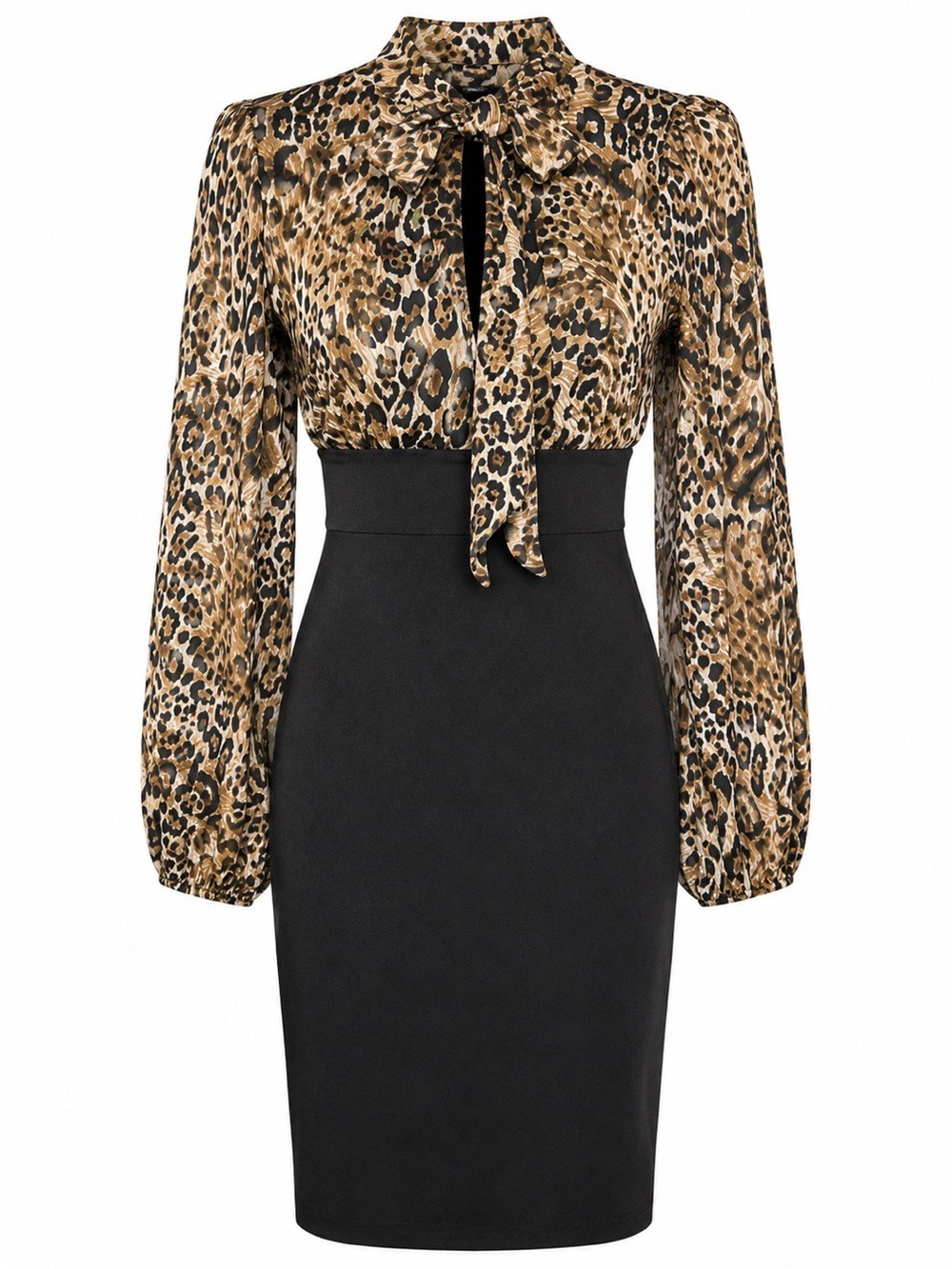 Seduction Leopard Print Black Bodycon Dress Tie Neck Long Sleeve | Size Small - Picture 2 of 8